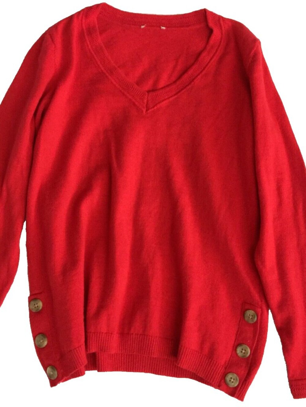 VINTAGE CASHMERE WOOL RED BUTTON-HEM V NECK SWEATER WOMENS M 35"x21"